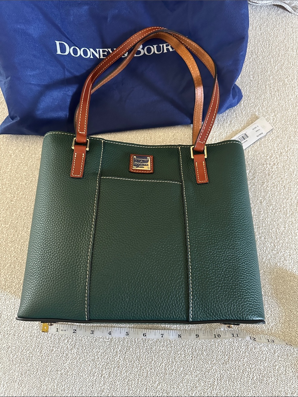Dooney & Bourke Forest Green Pebbled Leather Tote with Brown Handles